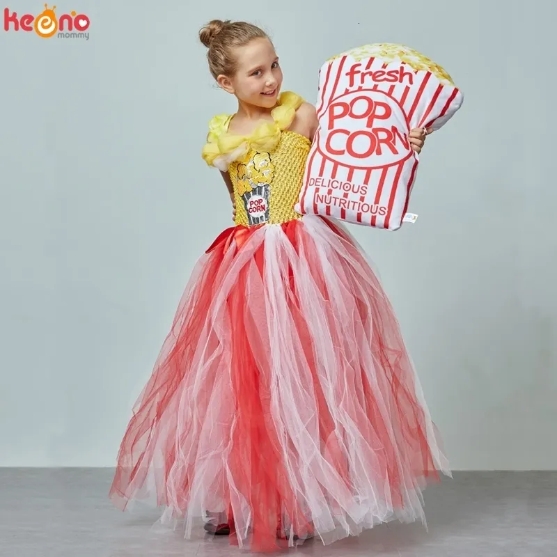 Girl S Dresses Circus Popcorn Carnival Birthday Party Wedding Flower paljett Bollklänning Kostym Kids Pop Corn Food Tulle 230317