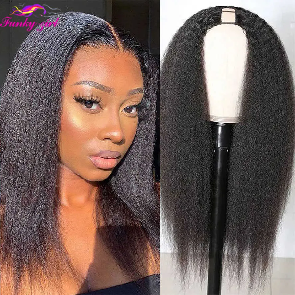 Perruques synthétiques Kinky Straight u Part Wig Cheveux humains s pour femmes Yaki Upart s Brésilien Remy Glueless 180% Densité 230227