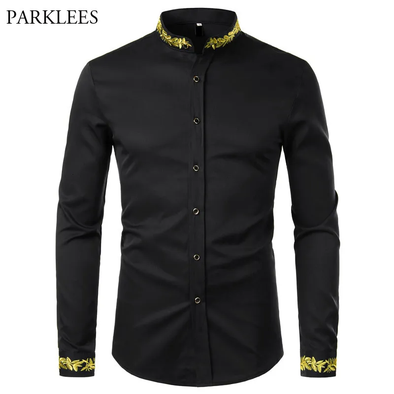 Homens Casuais Camisas Preto Ouro Bordado Camisa Homens Primavera Mens Vestido Camisas Stand Collar Button Up Camisas Chemise Homme Camisa Masculina 230317