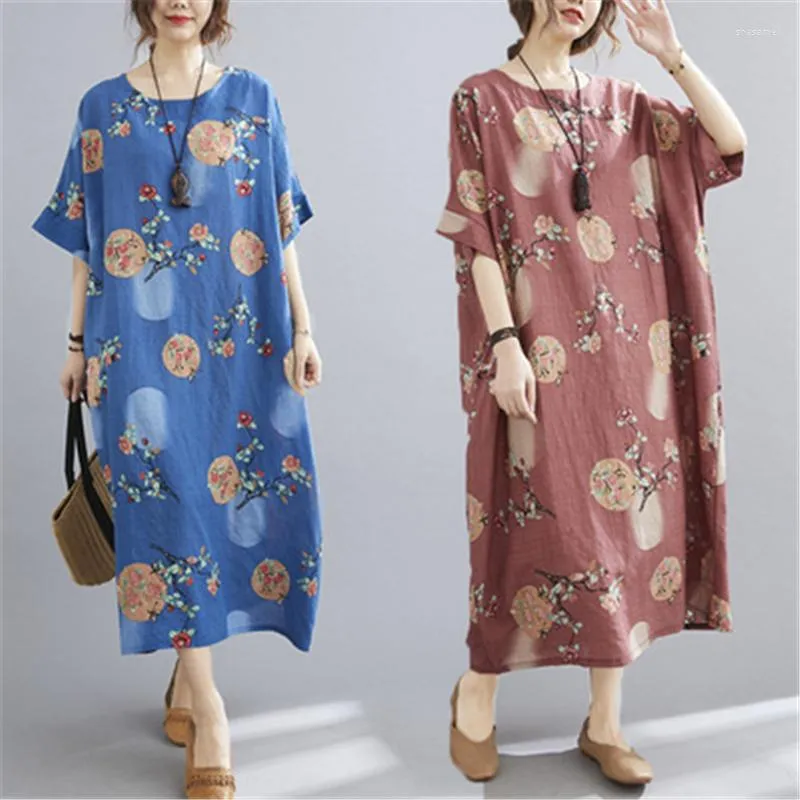 Casual Dresses 2023 Summer Fashion Plus Size Women Clothing Round Neck Short Sleeve Comfortable Cotton And Linen Floral Dress Trend H034