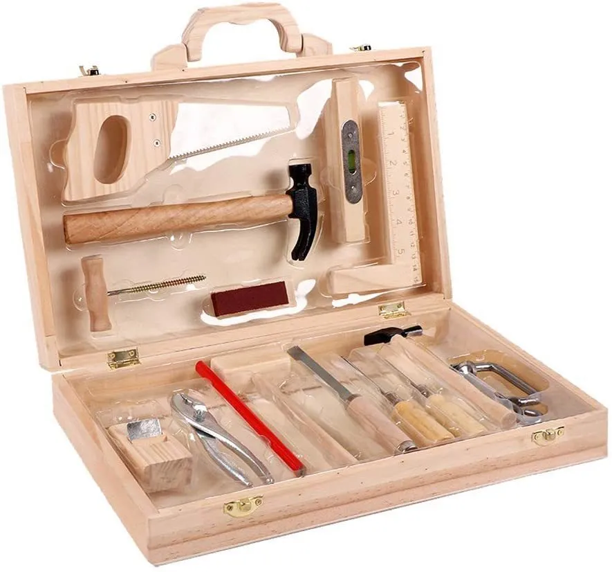 Tools Workshop Kids Diy Woodwork Toolbox Junior Carpentry Set Child Wood Toy Gift 230320