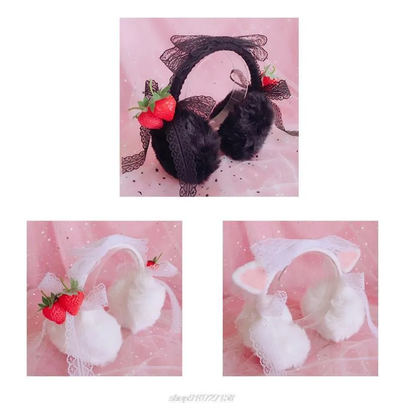 Berets Fashion Plush Feel Female Winter Earmuff Warm Ear Muffs Headphones Shape Girls EarmuffsCat White Strawberry N15 21 Dropship