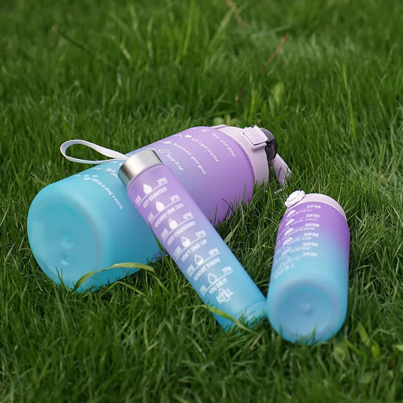 3pcs Gradient Sports Water Bottle With Straw, Time Marker And