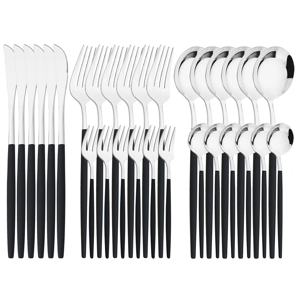 Ensembles de vaisselle 30pcs noir argent couverts couteau fruits fourchettes gâteau fourchette thé cuillère en acier inoxydable vaisselle fête cuisine outil 230320