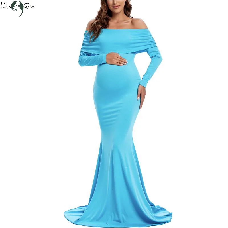 Moderskapsklänningar liu qu off axlar poshoot långärmad rodig klänning baby shower pografi gravid 230320