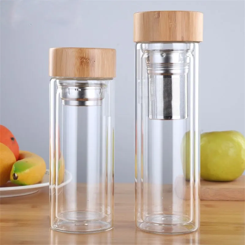 Water Bottles 350/450ml Double Wall Glass Water bottles With stainless Steel filter and bamboo lid Tea Infuser glass drink bottle 230320