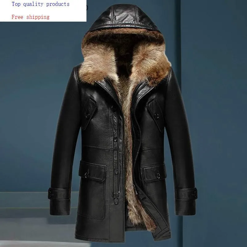 Men's Leather & Faux Genuine Jacket Men Winter Real Fur Coat Natural Raccoon Liner Sheepskin Hooded Warm 2023 6066 KJ3634