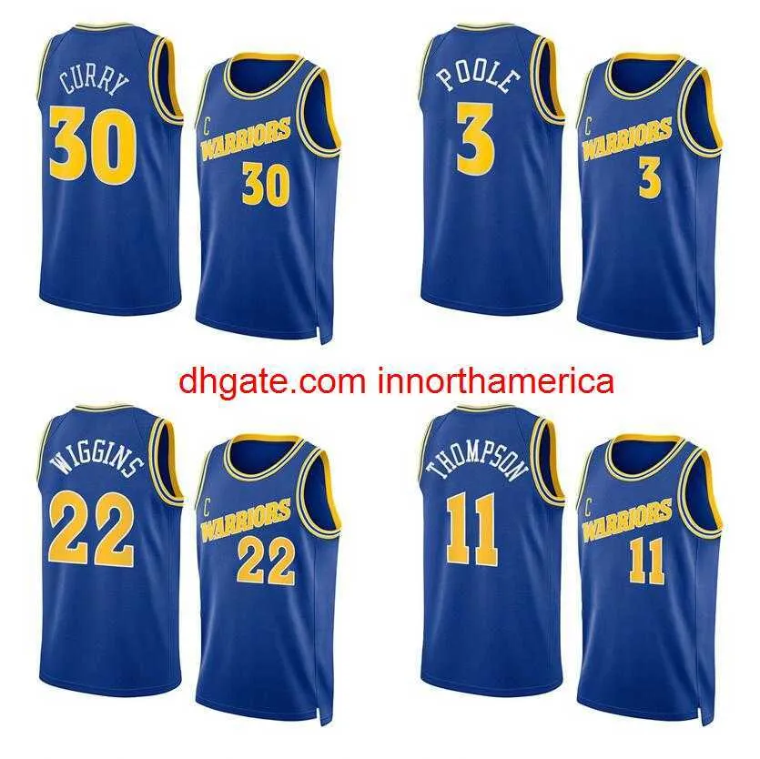 Camisas de basquete costuradas Stephen Curry 3 Poole Klay Thompson Andrew Wiggins Draymond Green 2022-23 Temporada Retro Blue City Versões Homens Mulheres Juventude Jersey