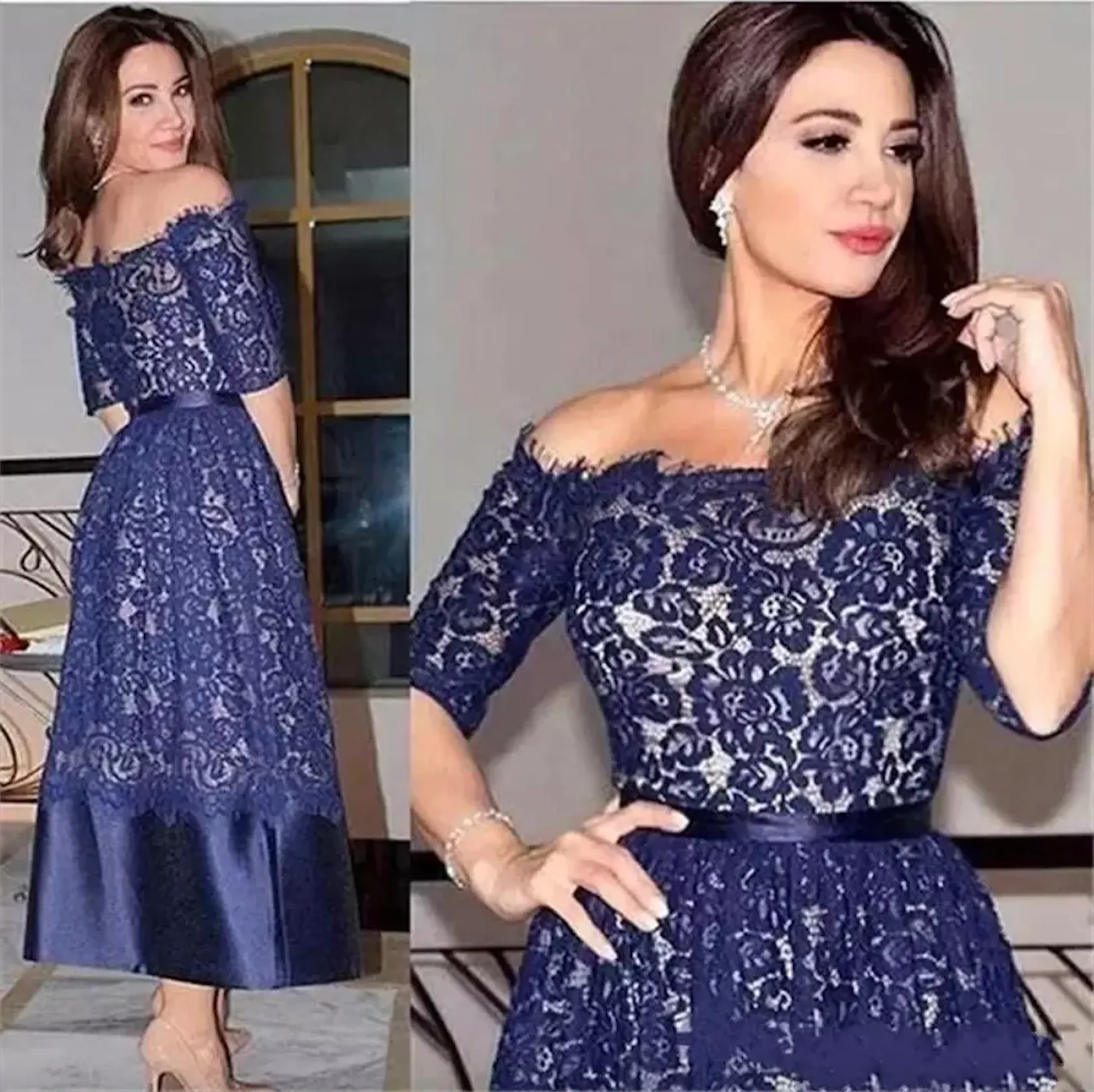 Vestidos de renda azul da marinha elegante, mãe dos vestidos da noiva com meia mangas, vestidos curtos, vestido de convidado de casamento, vestido de convidado de casamento