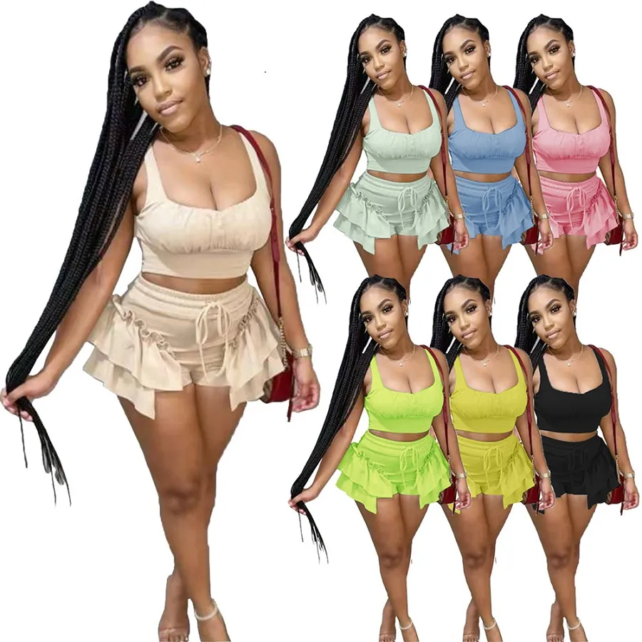 Partihandel Kvinnors Tracksuits Two Piece Outfits Short Crop Tank Tops Ruffles Shorts Elastic Midje Tracksuit Women Two Piece Set Designer 9500