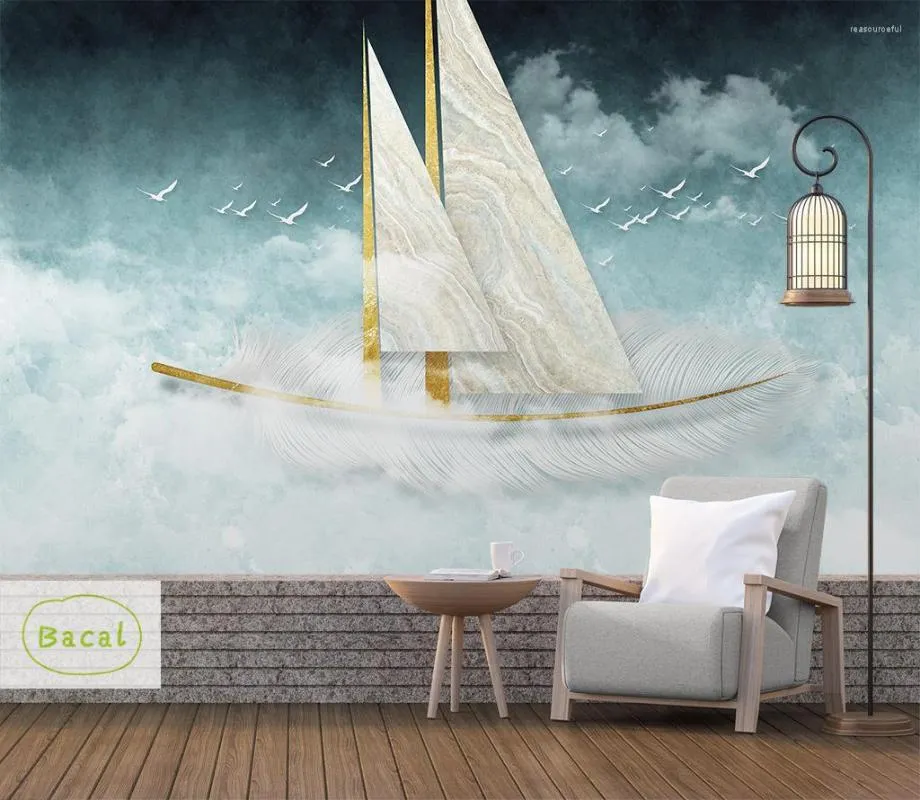 Tapeten Bacal Angepasst Moderne Mode Stereo Tapete Wandbild 3D Segelboot Weiße Feder Wolke Abstrakten Hintergrund Wand Papier Wohnkultur