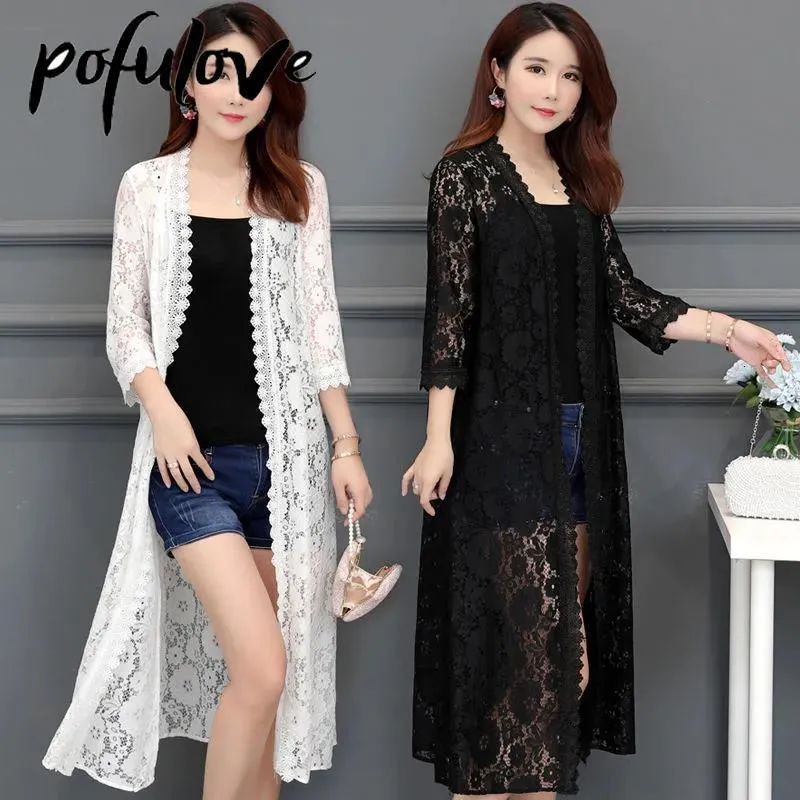 Women's Jackets Lace Cardigan Mid-length Summer Mesh Shawl Loose Over-the-knee Sun Protection Clothing Women Jacket Shirt Drop Wholesale 230317