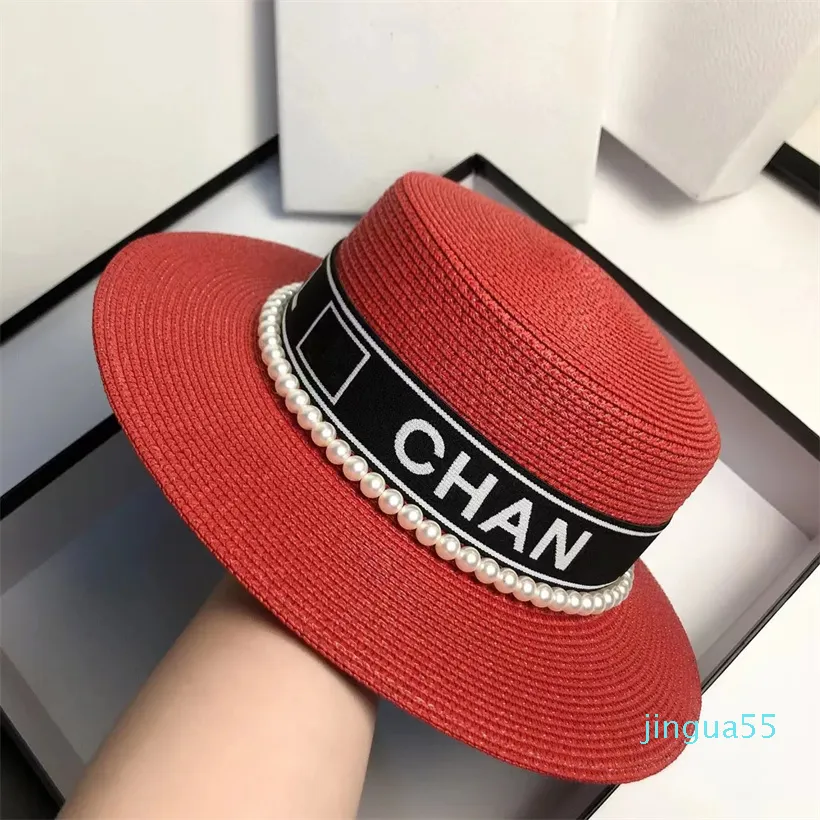 Sombrero de paja de diseñador, gorra con letras para mujer, primavera y verano, letras de perlas versátiles, sombrero de copa plano japonés