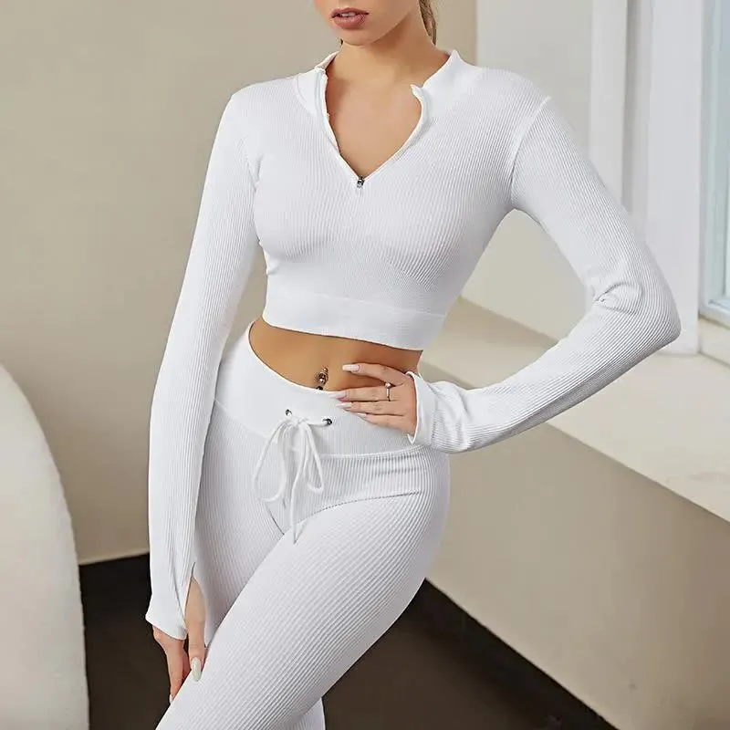 Reißverschluss-geripptes Yoga-Set, Sport-Outfit für Damen, nahtloses Langarm-Top, Kordelzug-Leggings, Laufen, Fitness-Workout-Trainingsanzug