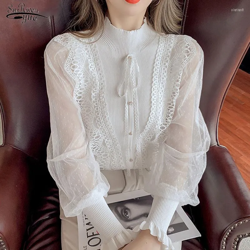 Women's Blouses 2023 Autumn Ruffle Stitched Women's Blouse Korean Stand Collar Bow Tie Chiffon Sleeve Bottomed Sweater Hollow Shirt