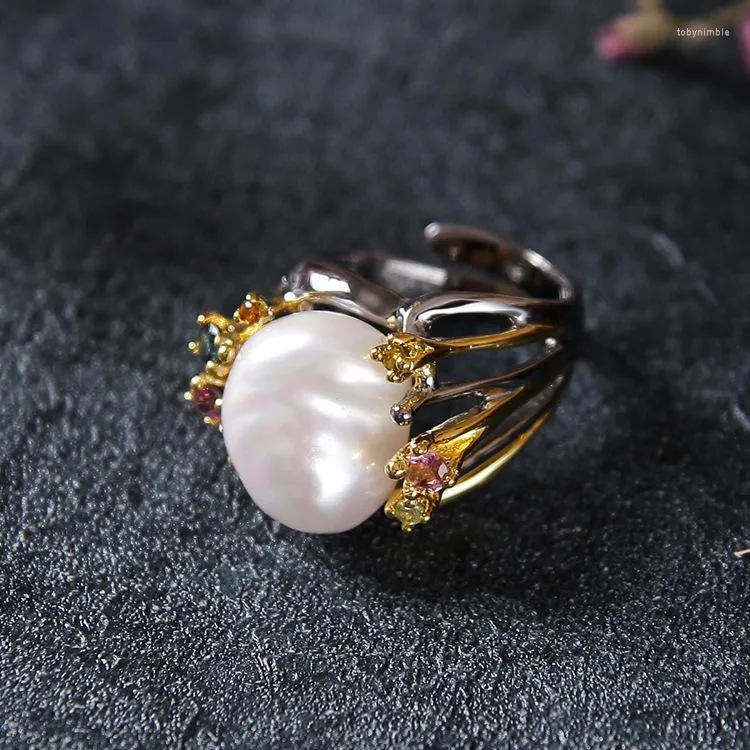 Cluster Rings Retro Thai Silver Jewelry Processing Custom Pearl Ring Natural Shaped Beads S925 Sterling Female Open Ended