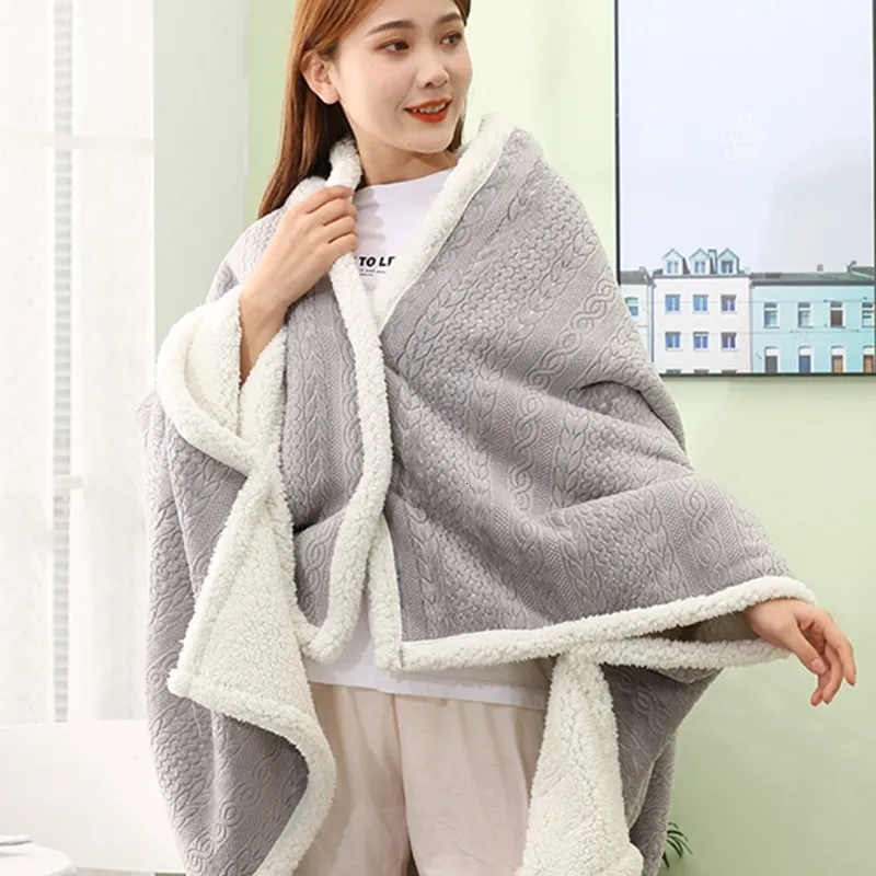 Blankets Warm Soft Flannel Blanket Shawl Wrap Plush Wearable Throw Cape for Women Men Winter Warm Office Nap Sleeping 230320