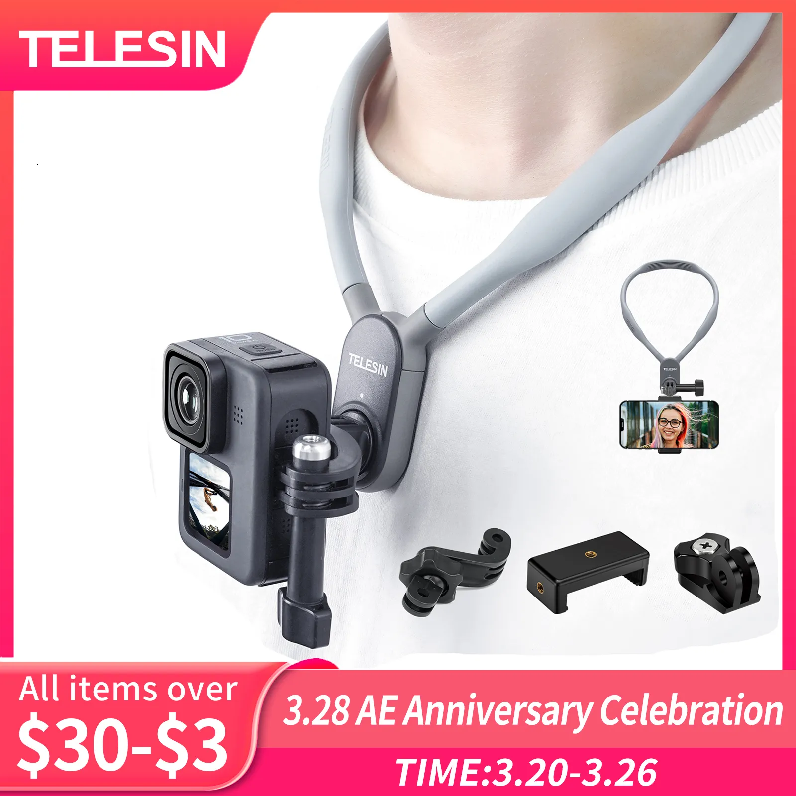 TELESIN-Support de cou magnétique pour caméra GoPro Action 3