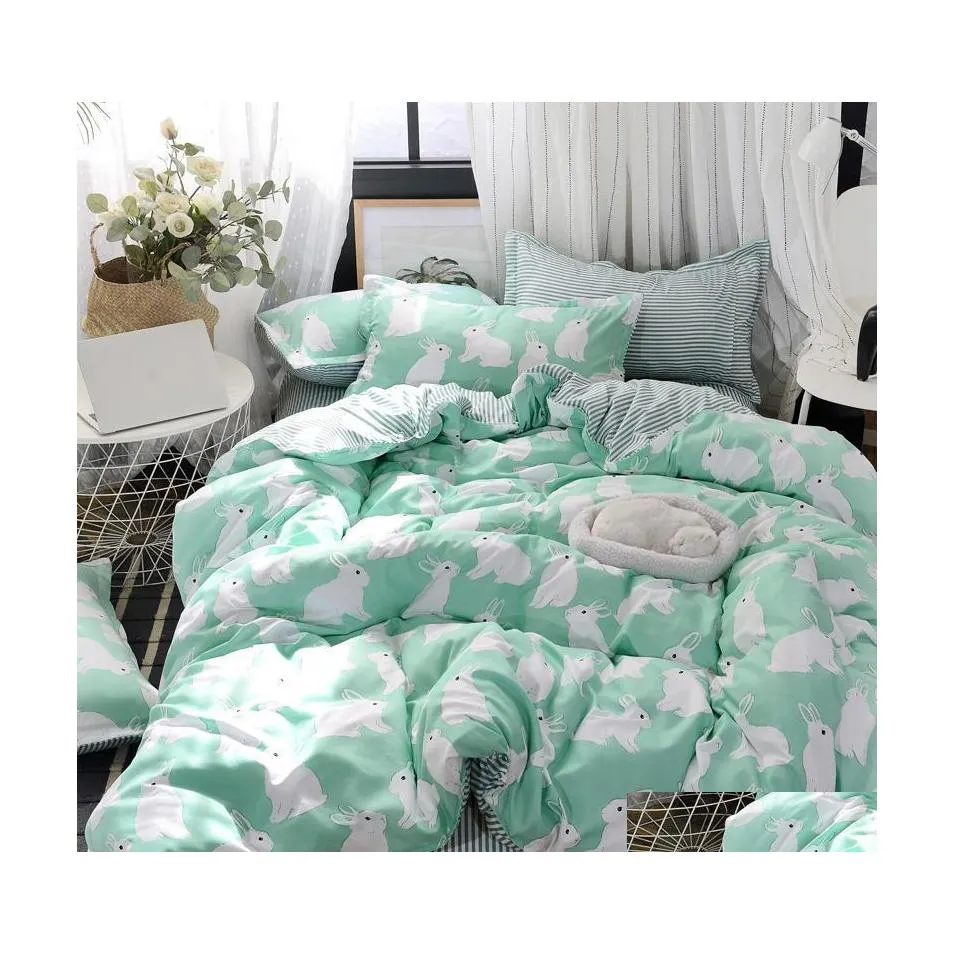 Ensembles de literie Blanc Bleu Fleur Ensemble Lapin Univers Motif Drap de lit Dessin animé Couette ER Couette FL Twin Queen King Size Drop Livraison Ho Dhinf