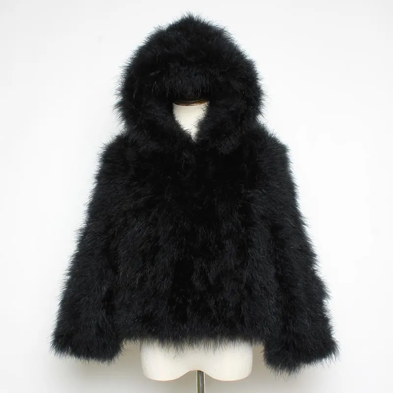 Women's Fur & Faux Winter Women Ostrich Hooded Jacket Fashion Sexy Coats Genuine Turkey Feather Black Coat Short Natural