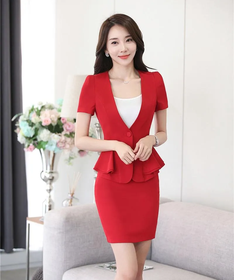 Kvinnors kostymer blazrar sommar formella två stycken set kvinnor kjolar röda blazer kvinnor affärskontor damer arbetar slitage uniformer stil