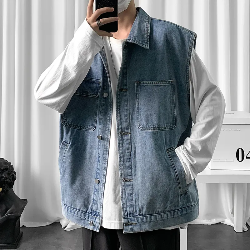 Herrvästar män denim väst ärmlös jacka casual mode överdimensionerad klassisk blå grå väst jean yttre kläder vintage koreanska rockar toppar 230320