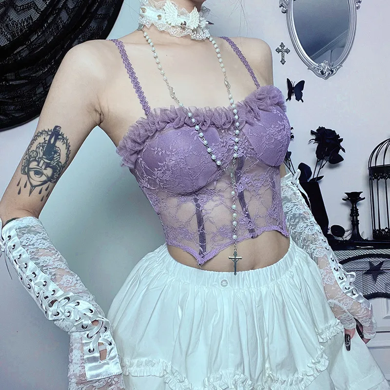 Kvinnors tankar Camis Gothic Lace See Through Corset Tank Women Tube Tops Camisole Purple Croped Top Sexig Vintage Eesthetic Skinny Vest 2023 230317