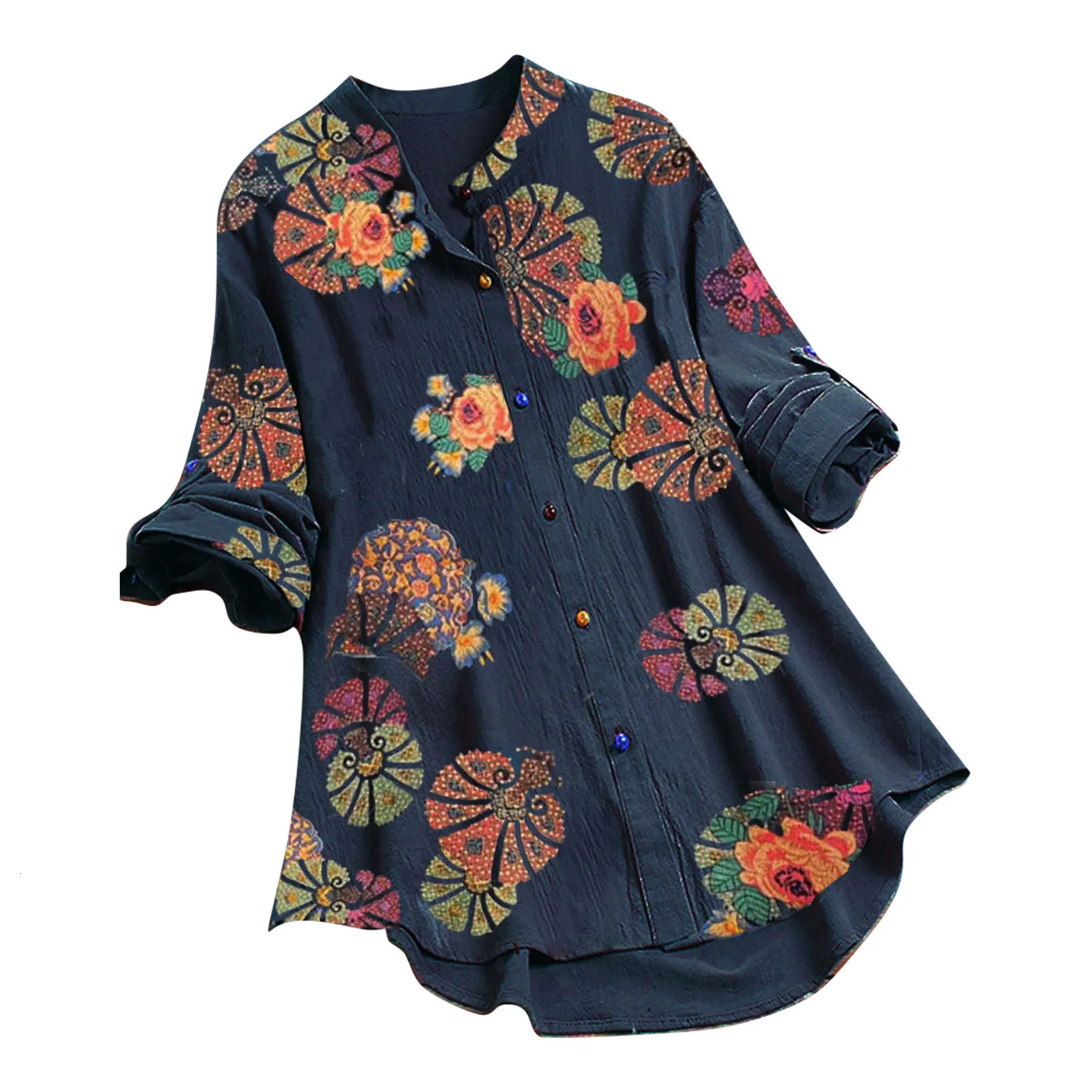 Kvinnors blusar Skjortor Kvinnors eleganta blus Casual Flower Print Plus Size Blusas Mujer Långärmad O-Neck-knapp Löst skjorta Top Harajuku Lady Blue 230317