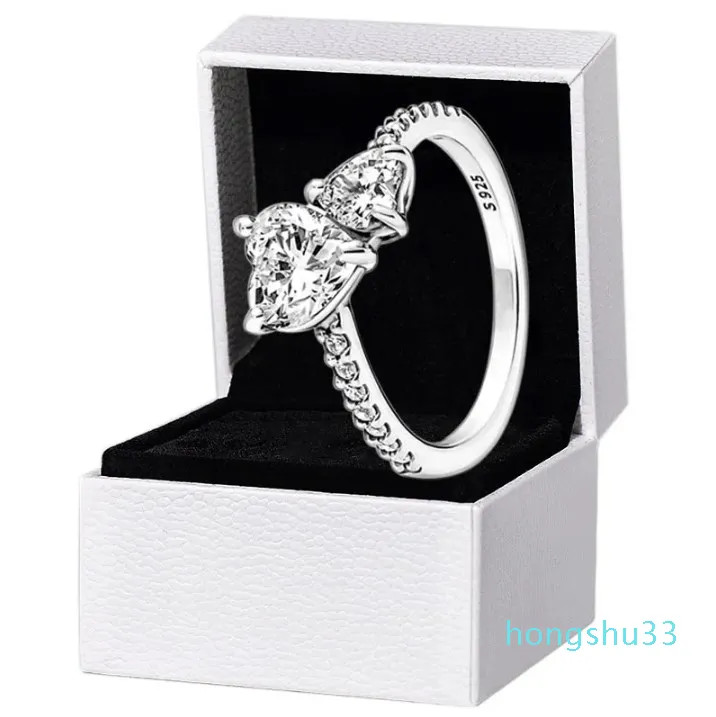 Ankunft Doppelherz Funkelnder Ring Solide 925 Silber Frauen Freundin Geschenk Schmuck Für Pandora Liebhaber CZ Diamant Ringe mit Original Box Set