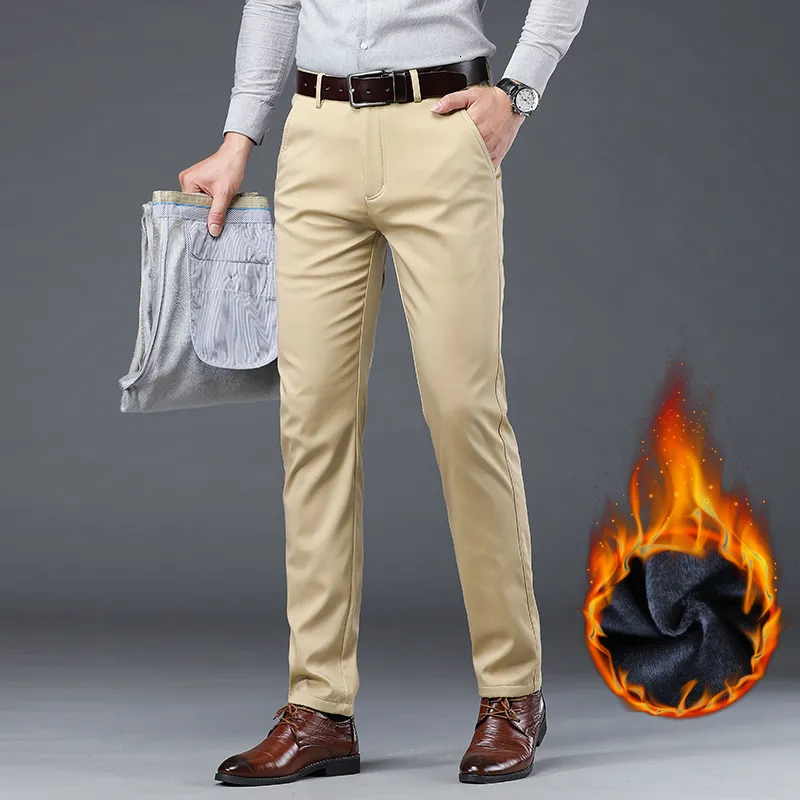 Męskie spodnie Zoenova marka zimowa polar puch zagęszcza ciepłe swobodne mężczyzn Business Prosty elastyczne grube bawełniane szare spodnie Mężczyzna 230317