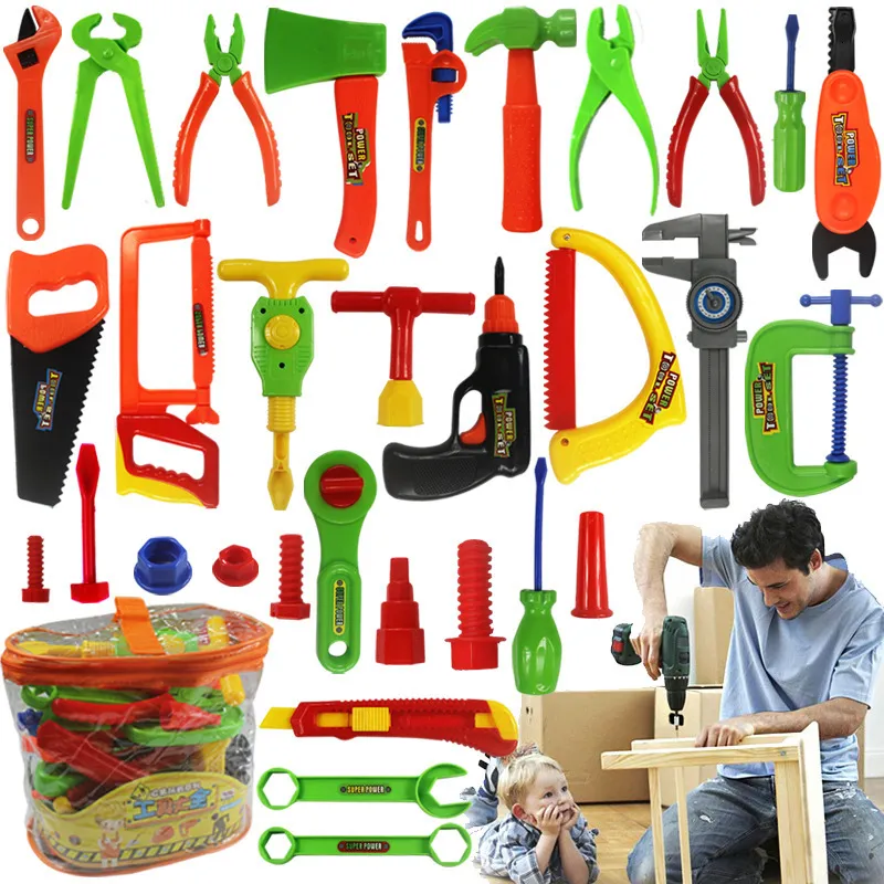 Tools Workshop Baby Repair Toy 34pcsset Children Plastic Fancy Party Costume Chainsaw Kids Pretend Play Classic s Gift 230320