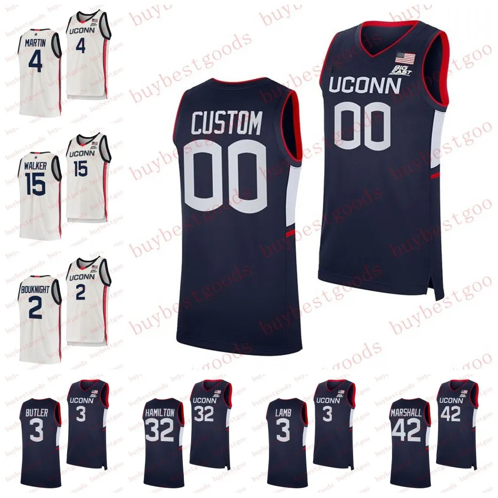 Gestikt Uconn Huskies basketbalshirt Custom 15 Kemba Walker 34 Ray Allen 3 Jeremy Lamb 2 Rudy Gay 2 James Bouknight 4 Tyrese Martin Jerseys Elk naamnummer