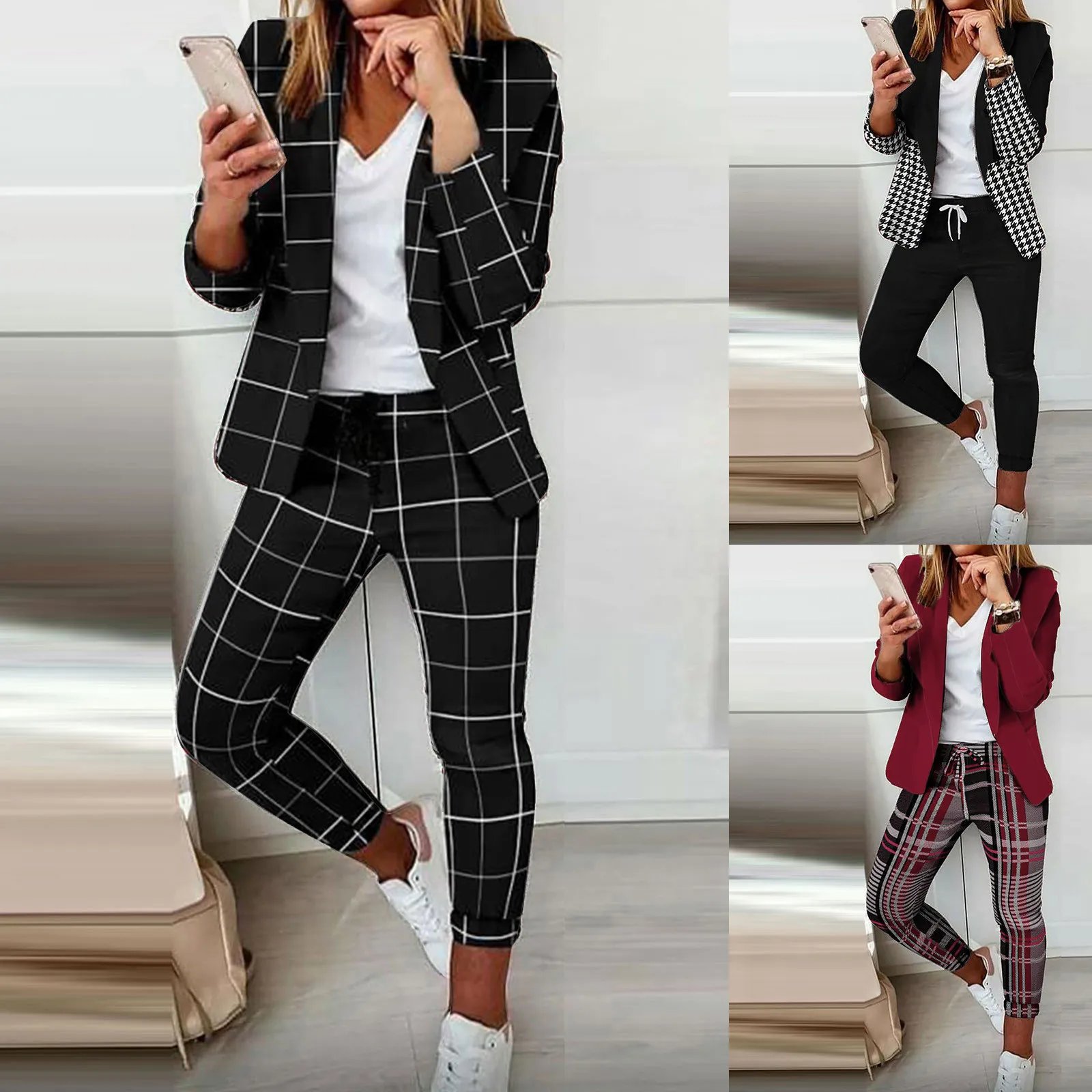 Economize muito em Ternos Femininos Blazers Terno De Negócios Xadrez  Feminino: Conjunto De Lápis Blazer De Manga Longa Desgaste Do Escritório  Chique