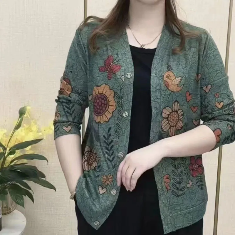 Kobiety dla kobiet jesienne zimowe preriowe eleganckie kreskówkowe kreskówki single vneck cardigan luźne dzianiny swetry z długim rękawem żeńskie ubranie 230317