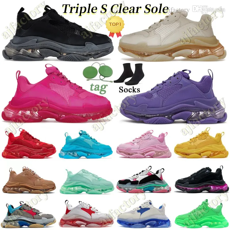 2023 triple s hombres mujeres diseñador zapatos casuales plataforma suela transparente negro blanco gris rojo rosa azul Royal Neon Green Beige zapatillas de deporte para hombre