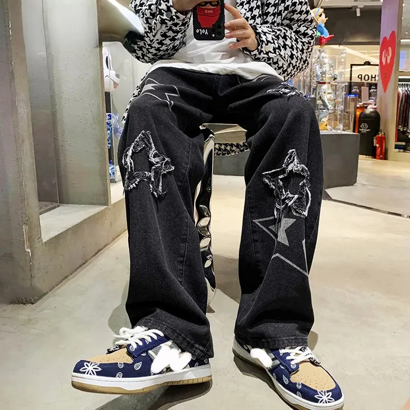 Men's Jeans Vintage Women's Korean Denim Pants Y2K Cltohes Streetwear Printed Patchwork Male Baggy Straight Trousers for Men 230320