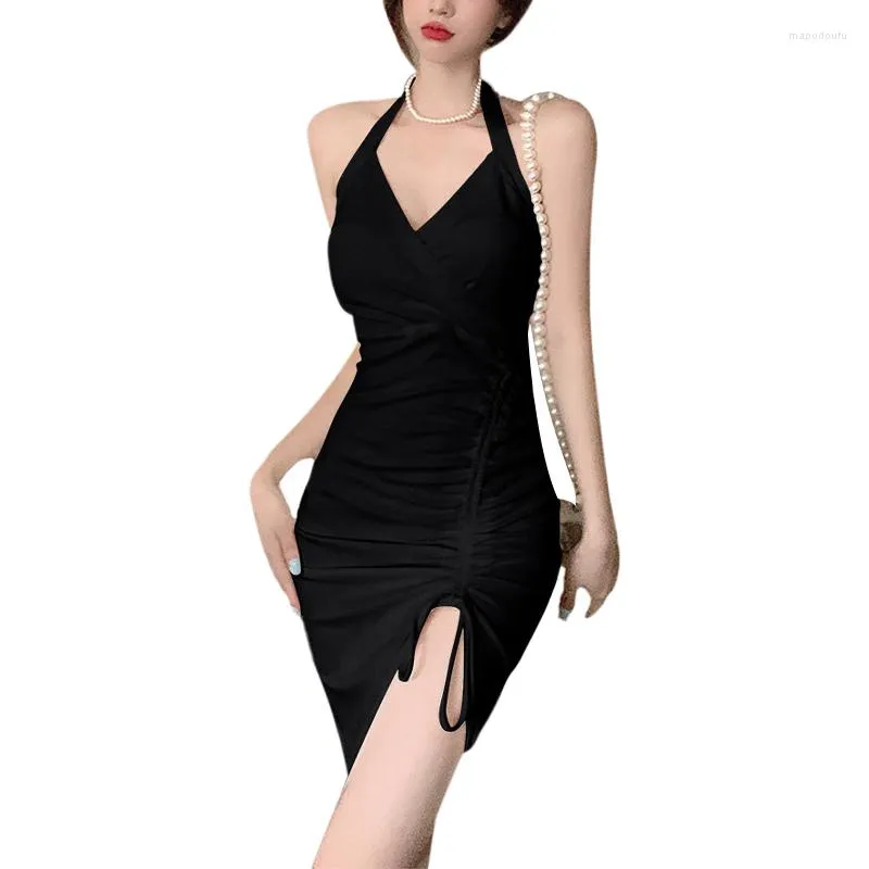 Casual Dresses Kayotuas Frauen Bleistiftkleid Sommer rückenfrei Halter hohe Taille Split figurbetonte Tasche Hüfte plissiert enge dünne Party Clubwear