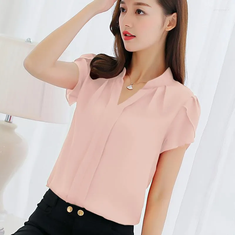 Blouses Women, senhoras de chiffon camisa branca de manga curta tops elegantes tops casuais blush feminino feminino Mulheres 2023