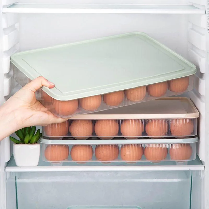 Förvaringsflaskor burkar enskikt 24 rutnät kylskåp ägghållare box mat sparare rymdfack med lock container rack arrangör hus