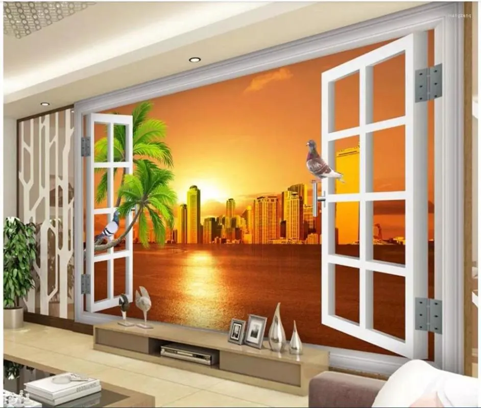 Papier peint personnalisé Po 3d chambre papier peint fenêtre vue sur la mer coucher de soleil bâtiment décoration de la maison peintures murales pour murs 3 D