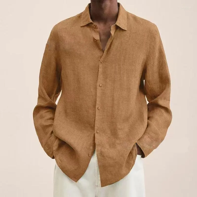 Mäns casual skjortor vår sommar vintage fast färg bomullsmän växlar ner krage knäppt cardigan topp herr mode långärmad skjorta