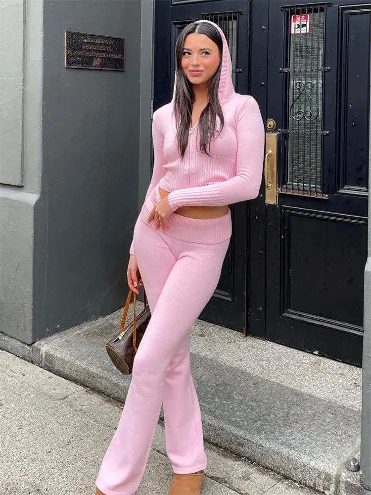 Kvinnor Tossy Knit Hoodie and Pants Set Outfits Low Midje Sticked Croped Top Sweat Leggings Women Two Piece Set Tracksuit 230320
