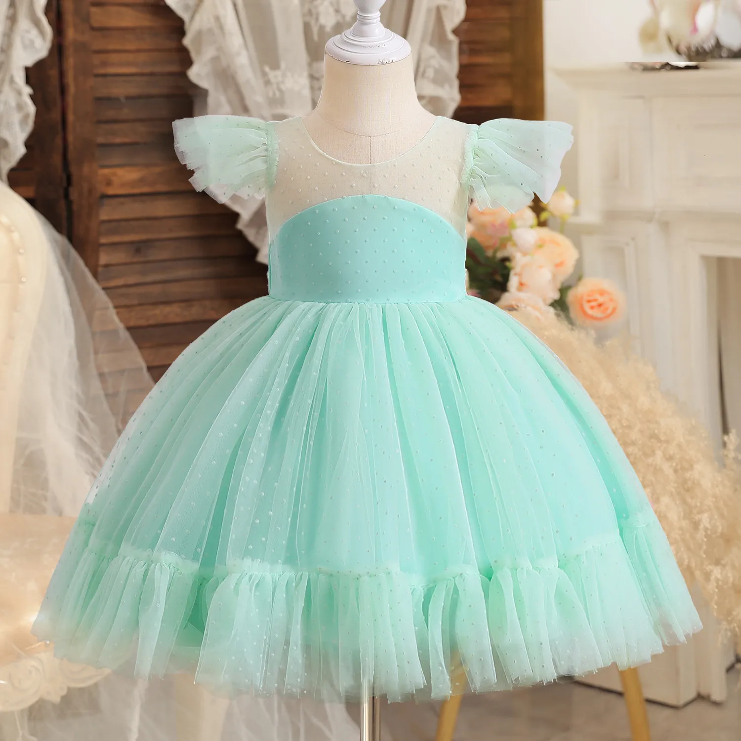 Girls Mint Green Dresses 4 10T Kids Girls Elegant Mint Green Dress For Evening Party Little Girl Dots Tulle Princess Gown Children Clothing Blue Wedding Vestidos 230320 From Kong06 10 DHgate.Com