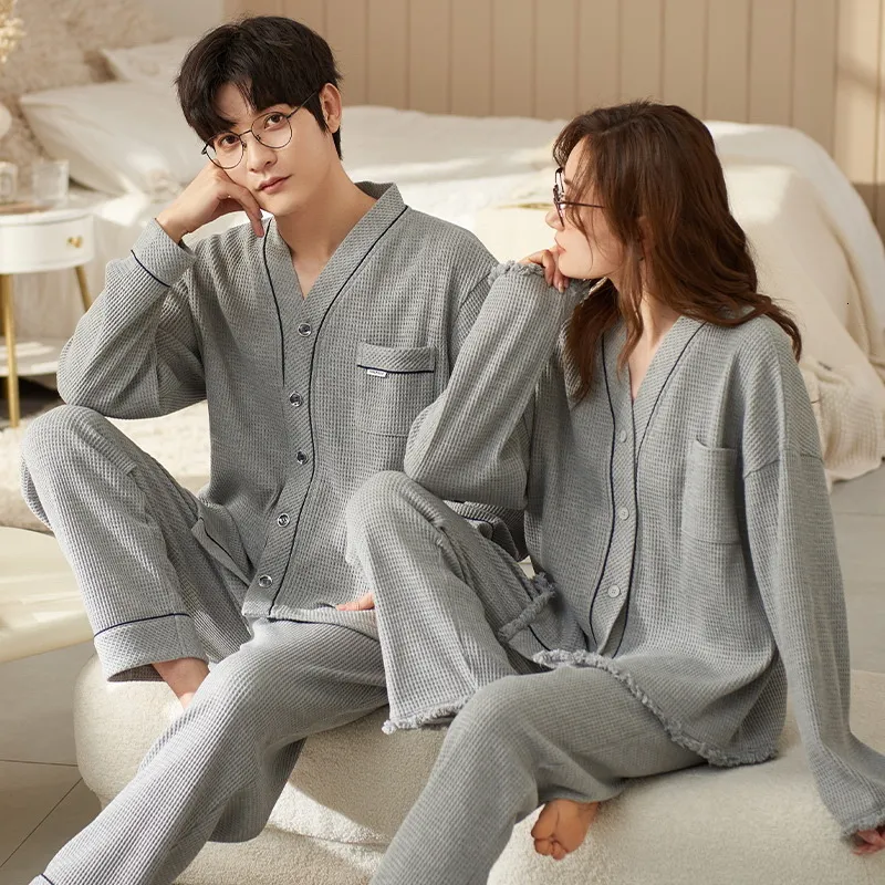 Men's Sleepwear Autumn Couple Pijamas Set For Men Women Cotton Kimono Homewear Man Pjs Female Pijamas Suit Pyjamas Home Clothes Drop Ship 230320