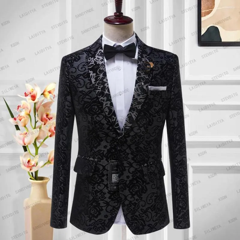 Abiti da uomo 2023 Abito da uomo da sposa Prom Jacquard nero floreale con risvolto con visiera Slim Fit smoking formale da lavoro giacca da lavoro blazer cappotto