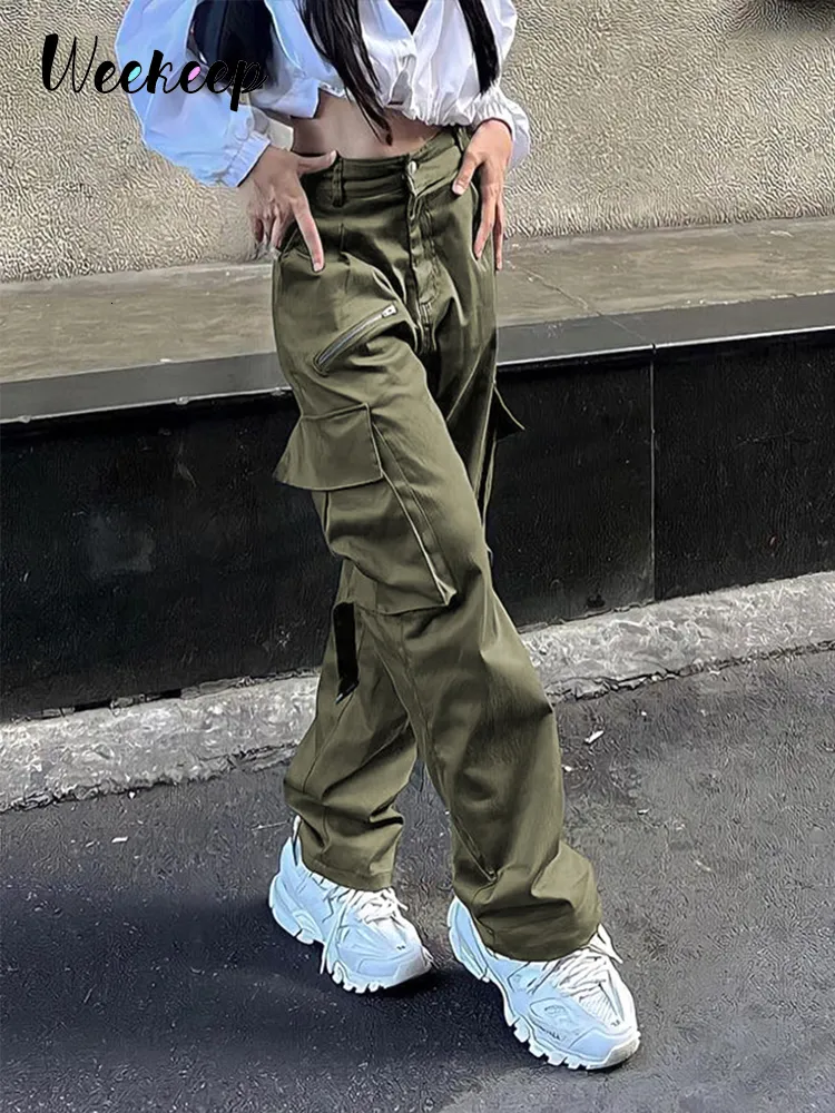 Kvinnors byxor capris weekeep gröna lastbyxor pojkvän stil baggy zipper ficka casual byxor kvinnor hög midja streetwear y2k estetiska svettbyxor 230317