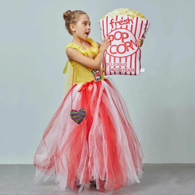 Circus Popcorn Girl Tutu Dress Carnival Birthday Party Wedding Flower Sequin Ball Gown Costume Kids  Corn Food Tulle Dress (8)