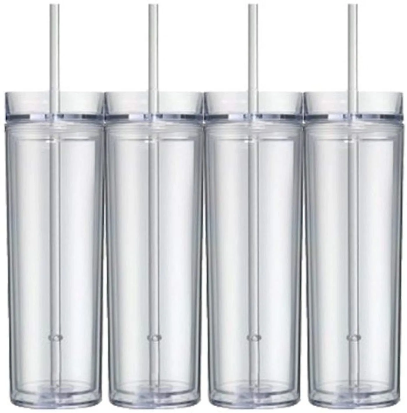 Wasserflaschen, 4er-Pack, dünne Acrylbecher mit Deckel und Strohhalm, 16oz doppelwandige, durchsichtige Kunststoffbecher, durchsichtige, wiederverwendbare Acrylbecher mit Strohhalm 230320