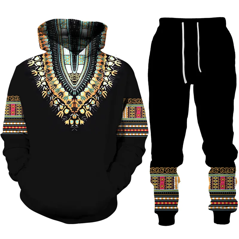 Africain Dashiki Sweat à capucheSuit Hommes Casual 3D Imprimé Style ethnique Sweat-shirt Pantalon Ensemble MenWomen Folk-Custom Streetwear Survêtement 230317
