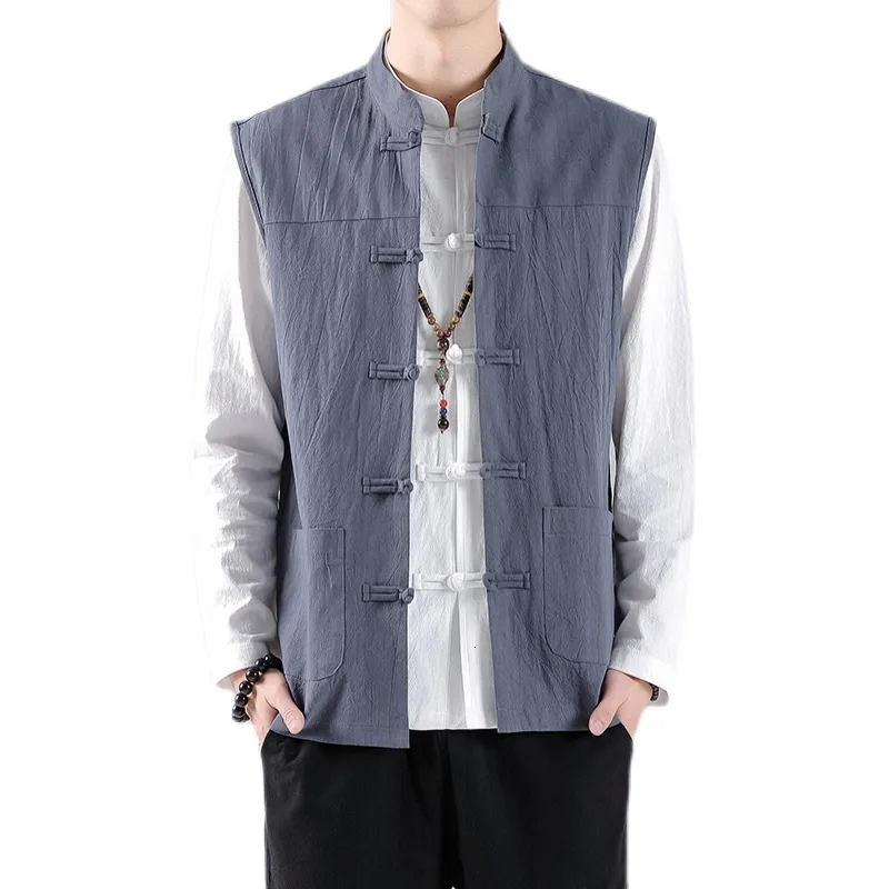 Men's Vests Spring Summer Men Chinese Style Vintage Linen Mens Sleeveless Hanfu Cardigan Male Harajuku Open Stitch Jacket M5XL 230320